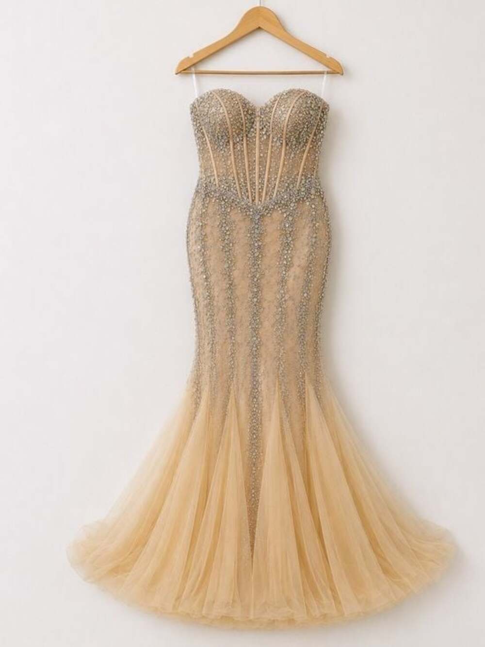 Jovani Beaded Strapless Mermaid Gown Nude Champagne Size 4 Formal Prom Dress - Picture 2 of 11